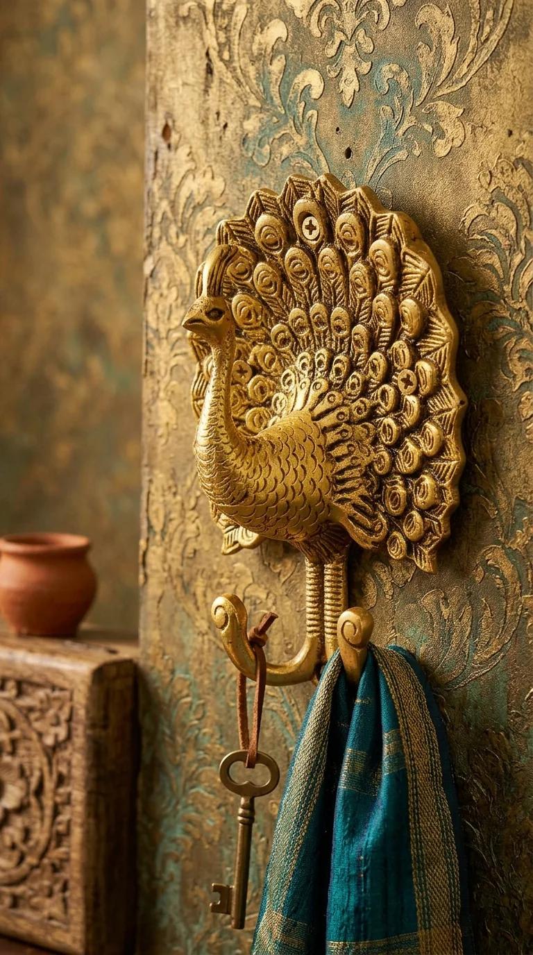 MH Decors Decorative Brass Peacock Wall Hook for Living Room Bedroom and Pooja Room