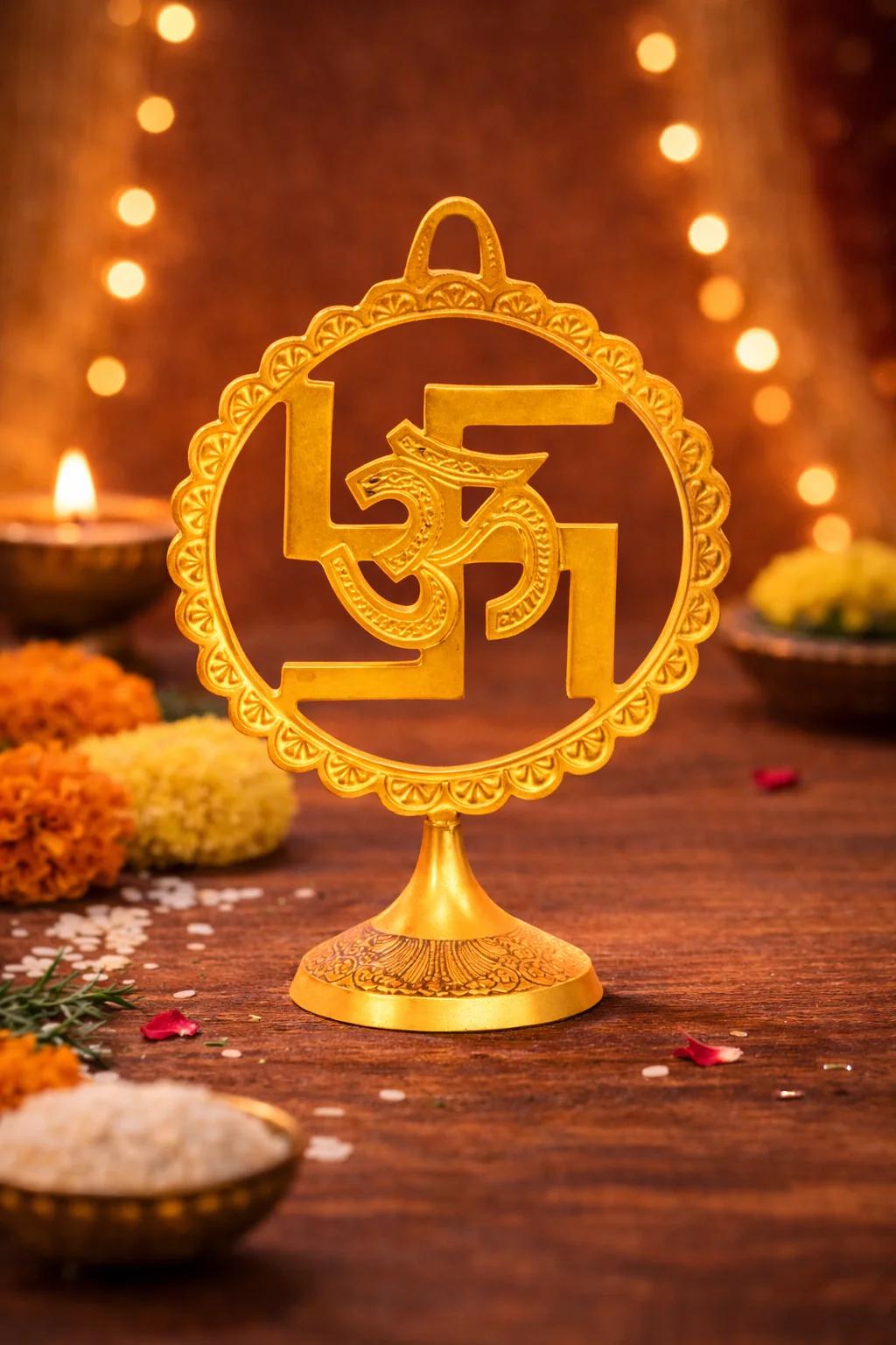 MH Decors Decorative Brass Swastik Om Wall Hanging for Pooja Room and Living Room