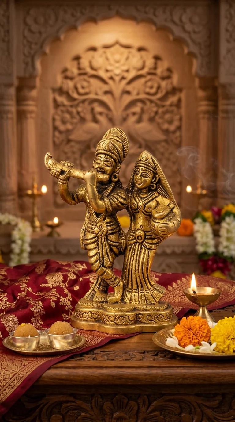 MH Decors Decorative Brass Radha Krishna Figurine with Flute for Home Display