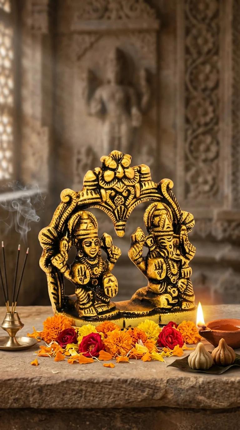 MH Decors Handcrafted Brass Lakshmi Ganesha Idol for Home and Office Decor