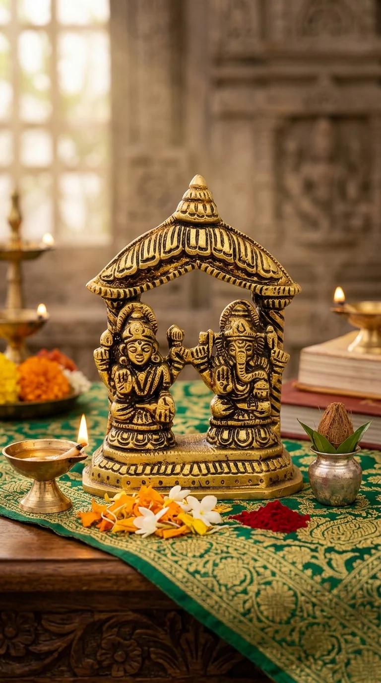 MH Decors Handcrafted Brass Lakshmi Ganesha Temple Idol for Home and Pooja Room