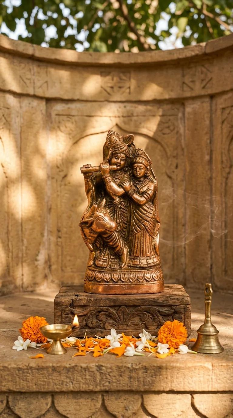 MH Decors Elegant Brass Radha Krishna with Cow Idol for Spiritual Home Decor