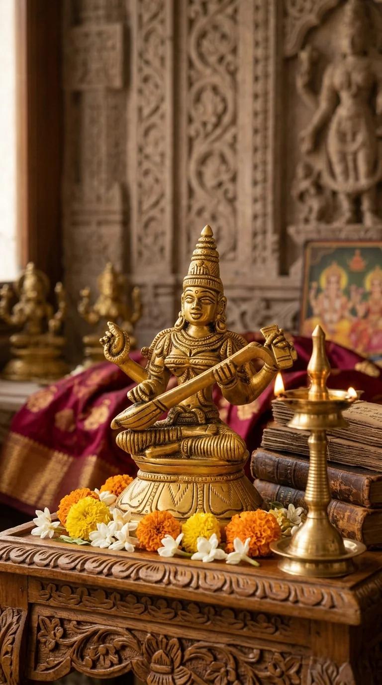 MH Decors Decorative Brass Saraswati Figurine for Desk and Home Display