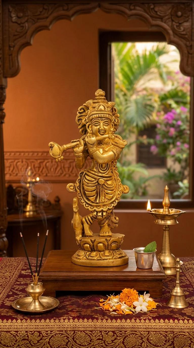 MH Decors Brass Krishna Idol with Flute for Home Altar and Living Room Decor