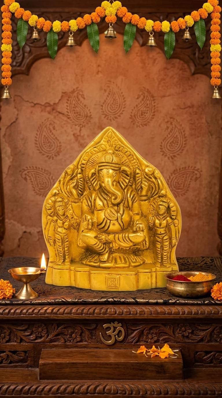 MH Decors Brass Ganapathi Riddhi Siddhi Idol for Temple and Home Display