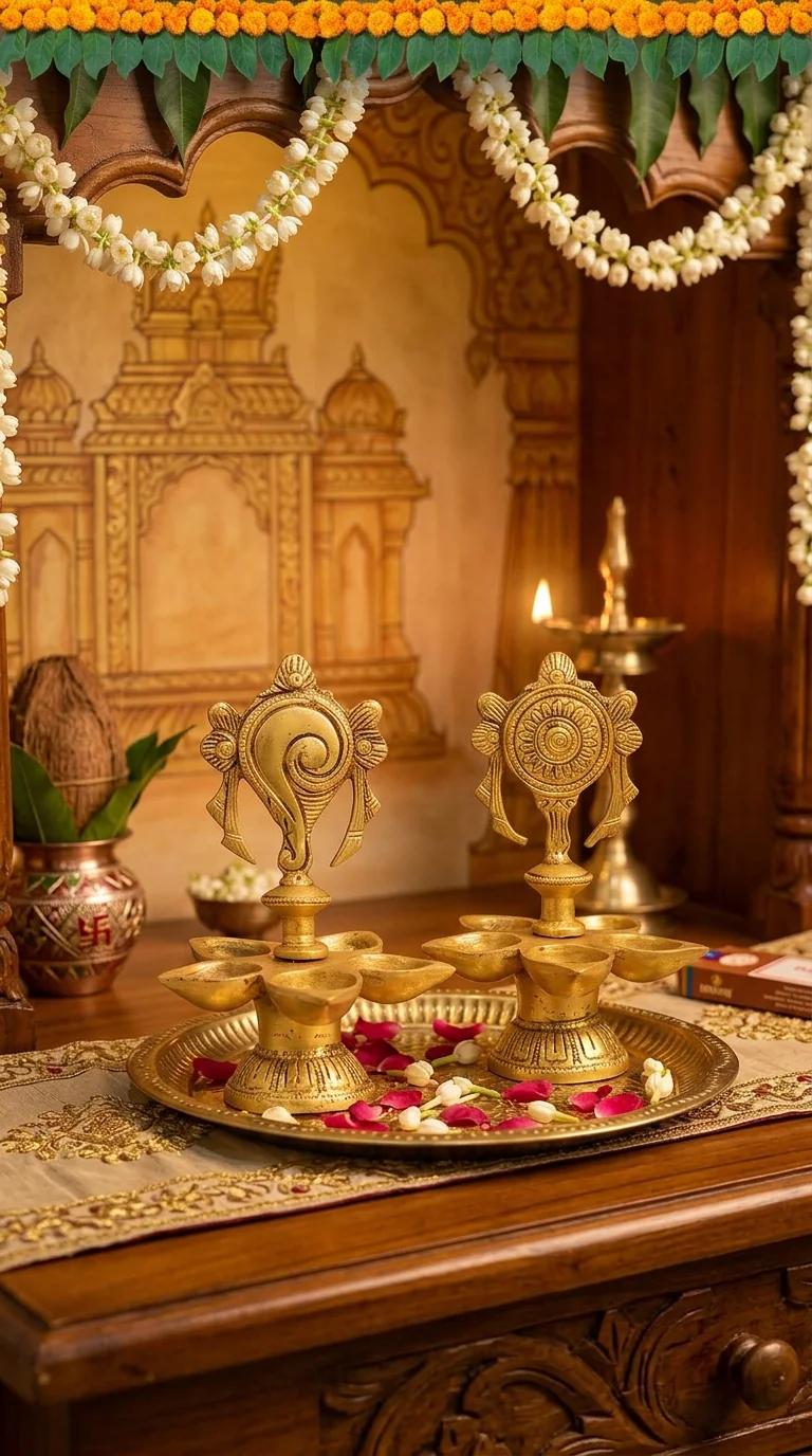 MH Decors Brass Balaji Shanku Chakra Oil Lamp for Spiritual Home and Temple Display