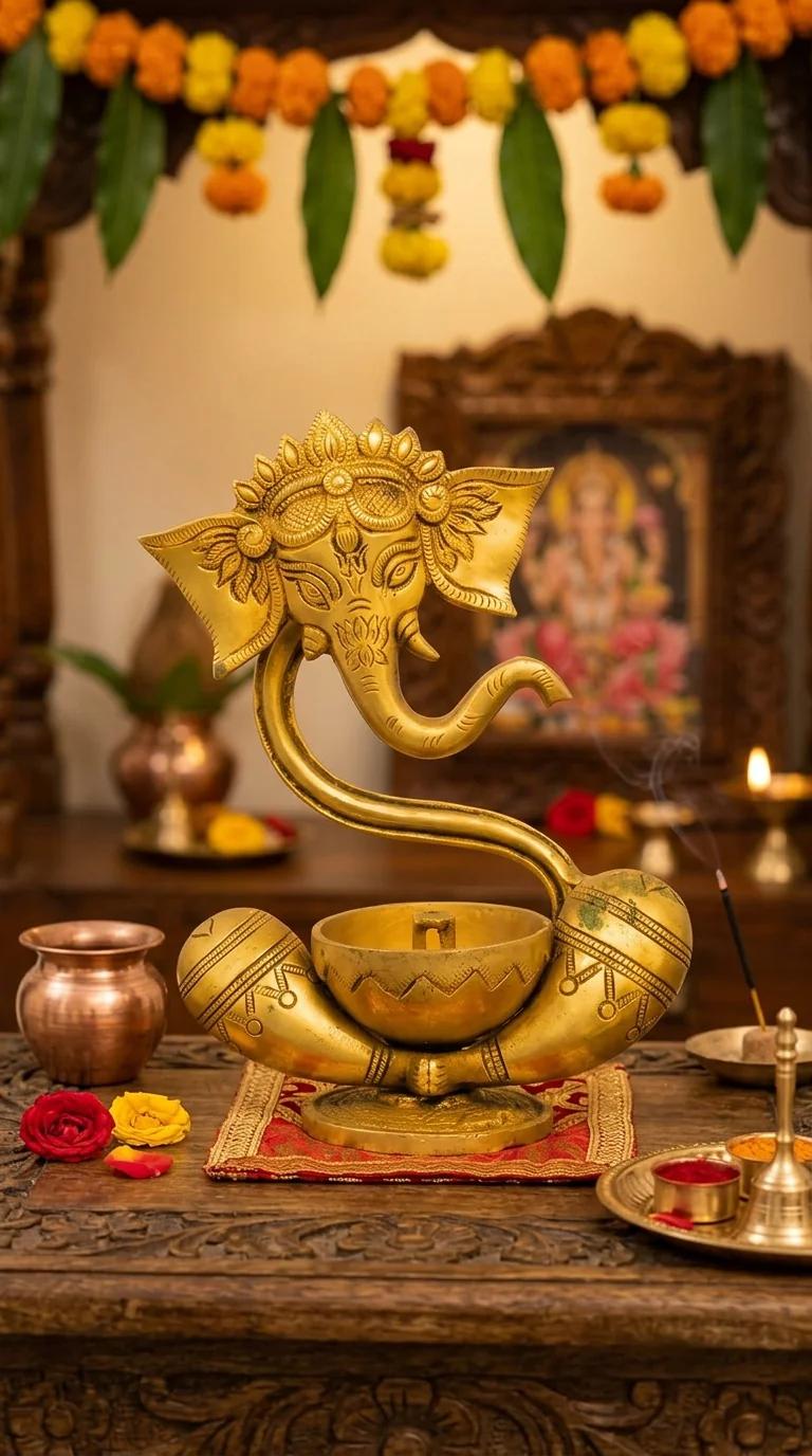 MH Decors Handmade Brass Ganesh Statue with Akhand Diya for Tabletop Decoration