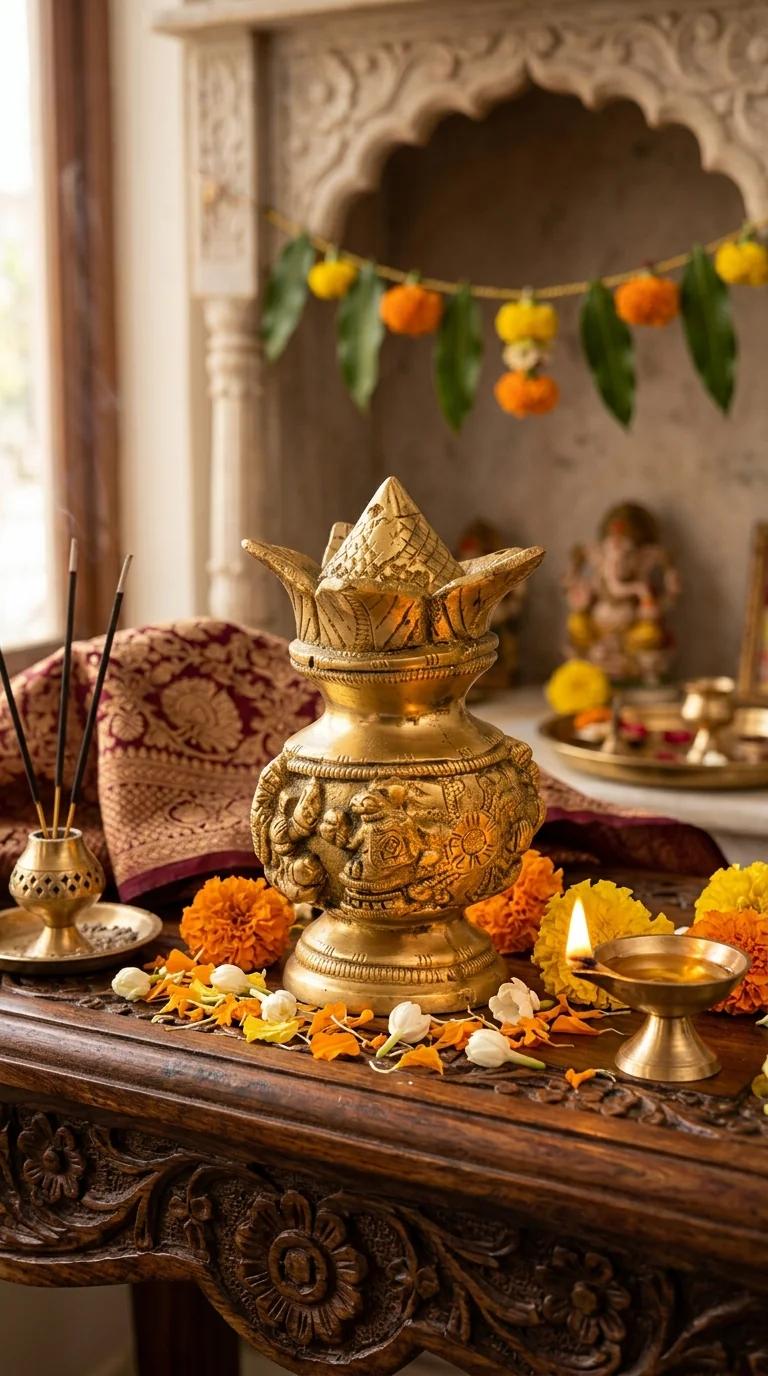 MH Decors Handcrafted Brass Lakshmi Ganesha Kalasam for Spiritual Home Decoration