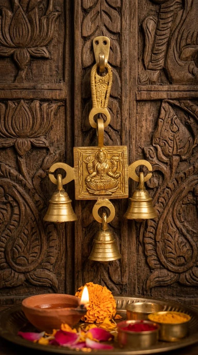 MH Decors Brass Goddess Lakshmi Wall Hanging Bells for Home and Temple Display