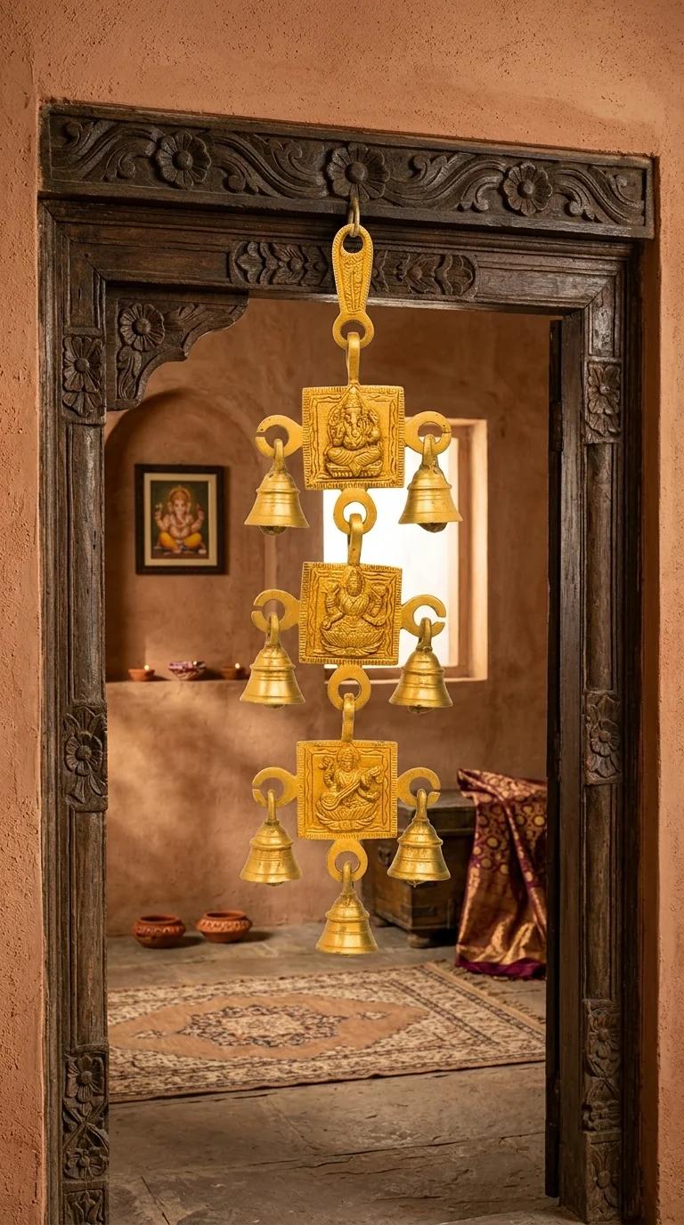 MH Decors Decorative Brass Hanging Bells with Ganesha Lakshmi Saraswati for Living Room