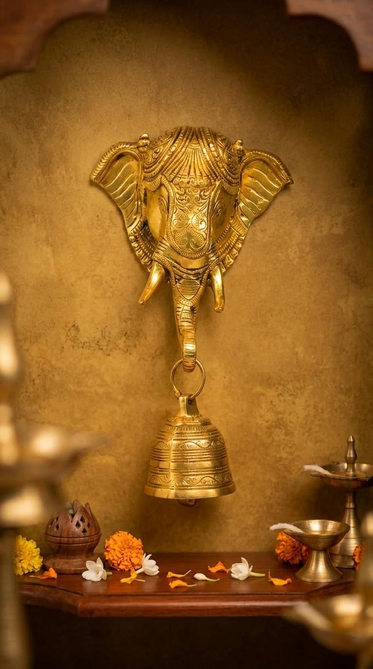 MH Decors Handcrafted Brass Ganesha Face Wall Hanging with Bell for Home and Temple