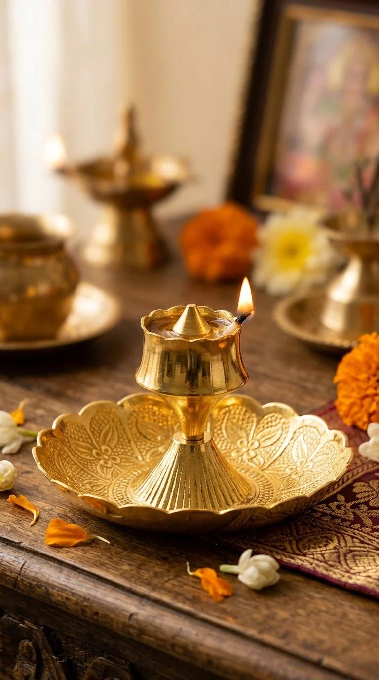 MH Decors Elegant Brass Agarbatti Stand with Center Dhoop Holder for Living Room