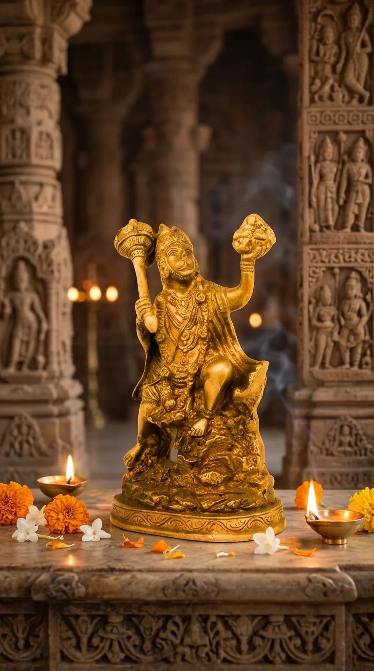 MH Decors Decorative Brass Hanuman Idol Holding Sanjeevani Mountain for Pooja Room