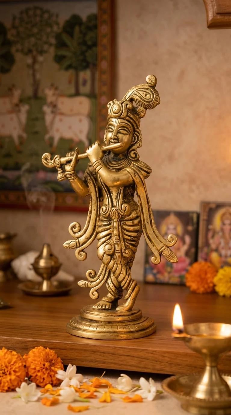 MH Decors Elegant Brass Krishna Idol for Spiritual Home Decoration and Pooja Room