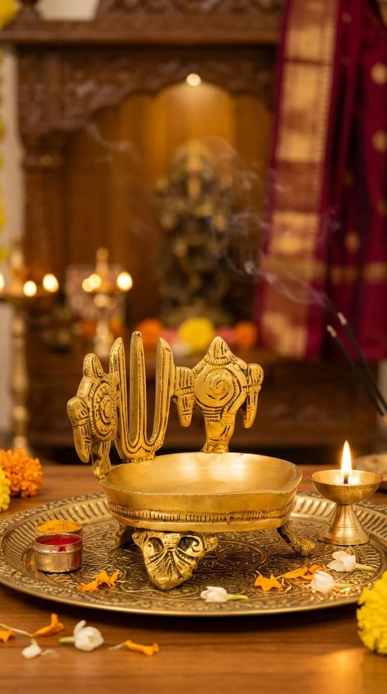 MH Decors Handcrafted Brass Shanku Chakra Namam Oil Lamp for Pooja Room