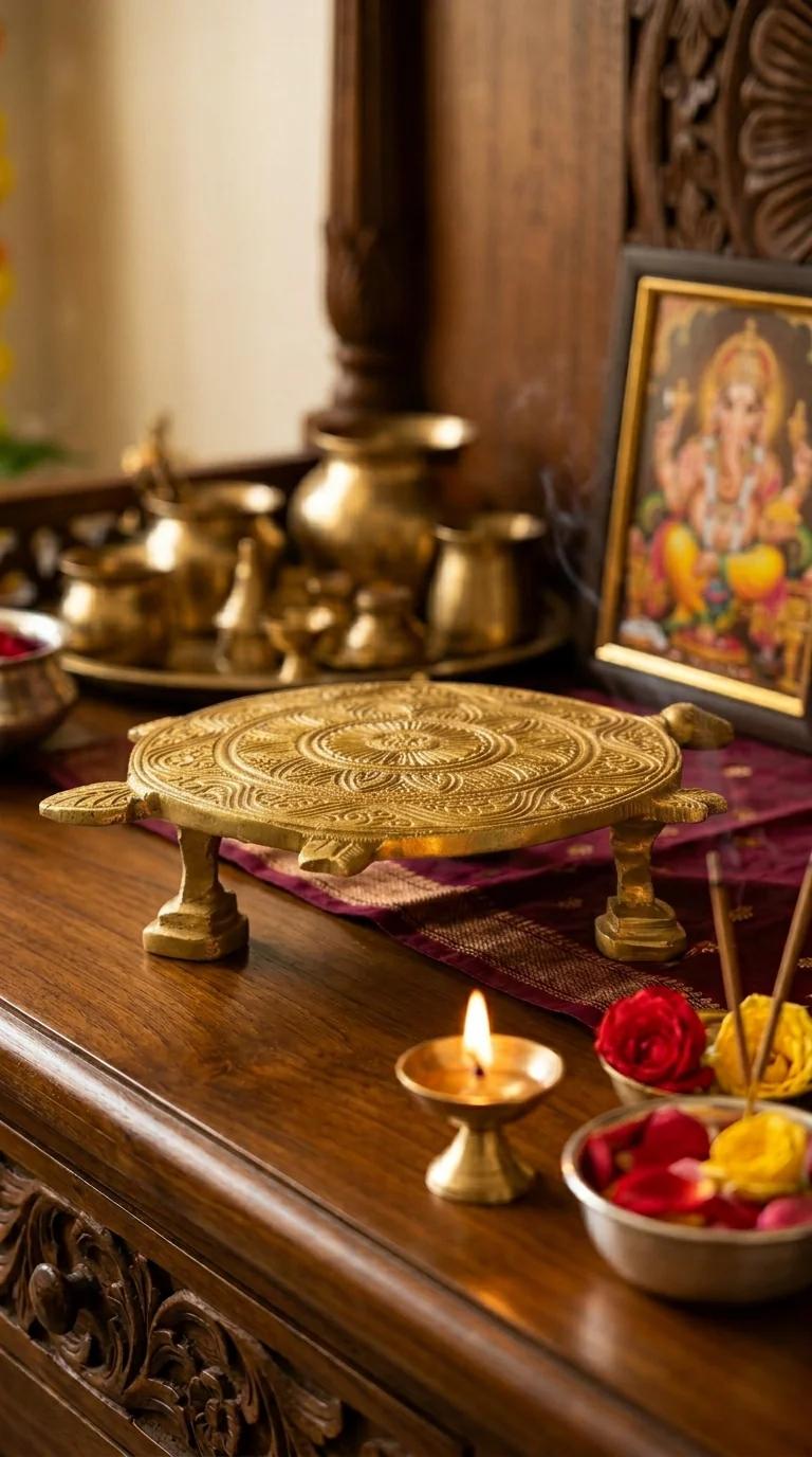 MH Decors Handcrafted Brass Turtle Chowki for Spiritual Home Decor and Pooja