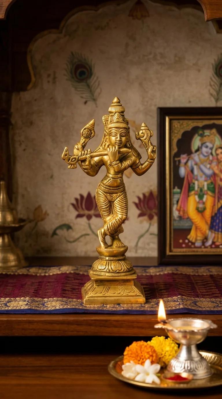 MH Decors Elegant Brass Lord Krishna Statue with Flute for Home Pooja and Temple