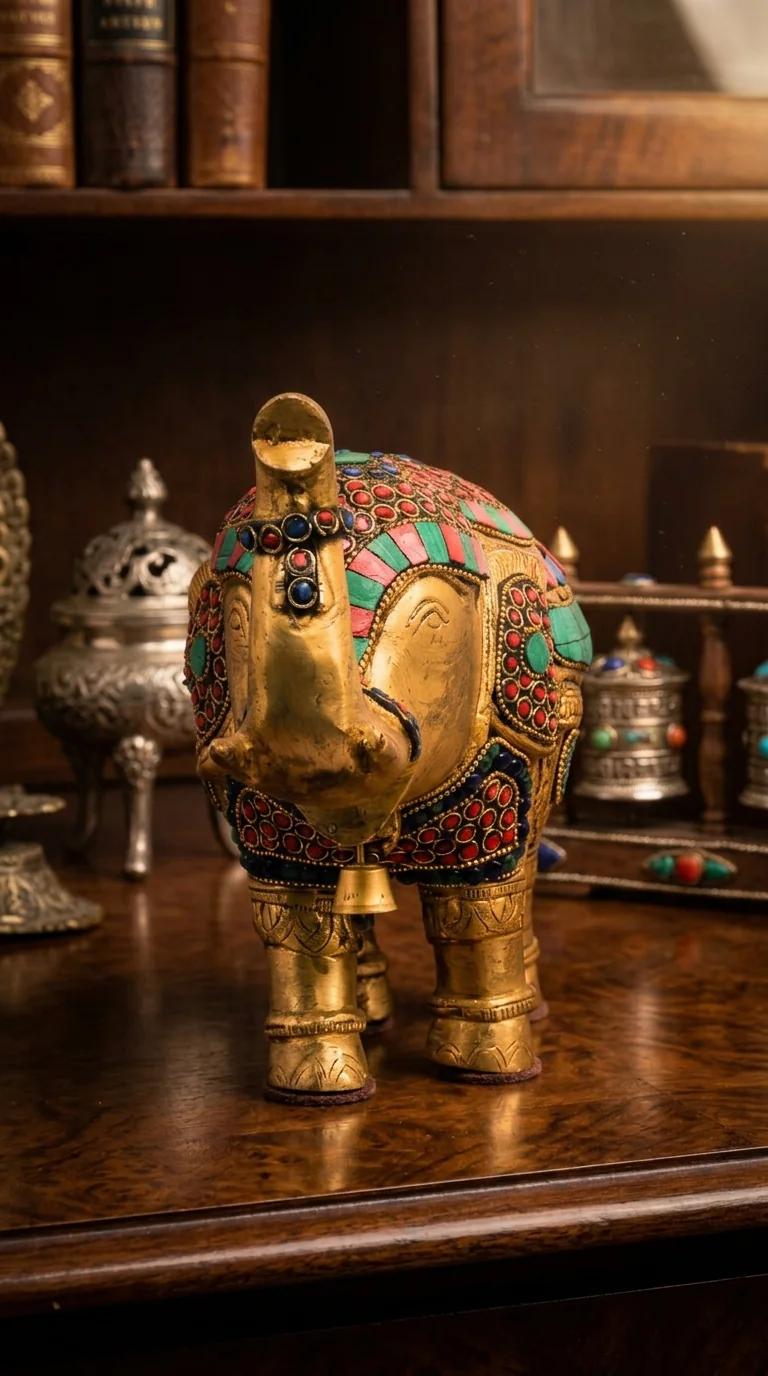 Value Gifts Handcrafted Brass Elephant Figurine with Bell Trunk Up for Home Decor