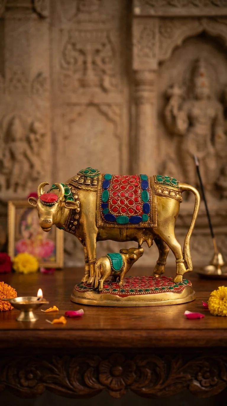 Value Gifts Brass Cow and Calf Idol for Religious Pooja Room and Home Decoration