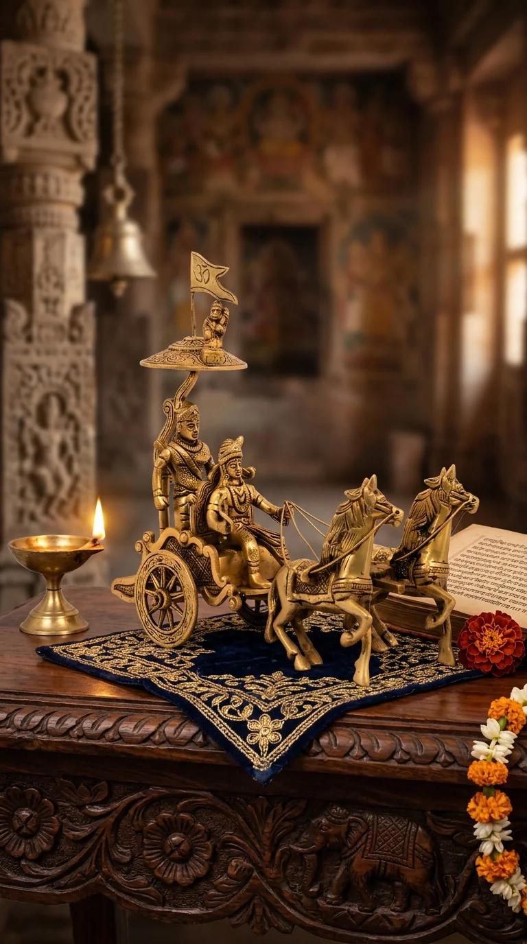 Value Gifts Brass Krishna and Arjuna Statue Horse Cart Scene for Spiritual Home Decoration