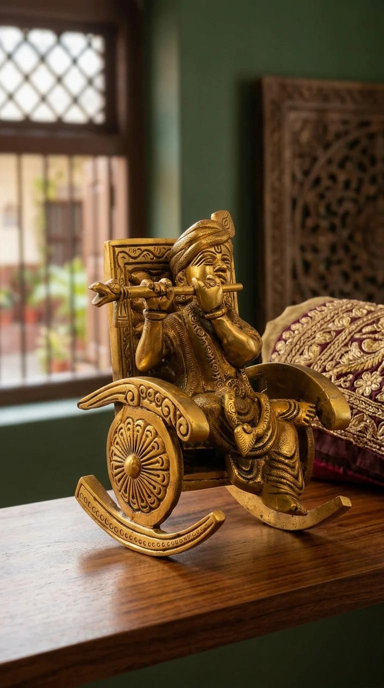 Value Gifts Decorative Brass Krishna Idol Seated on Chair for Temple and Living Room