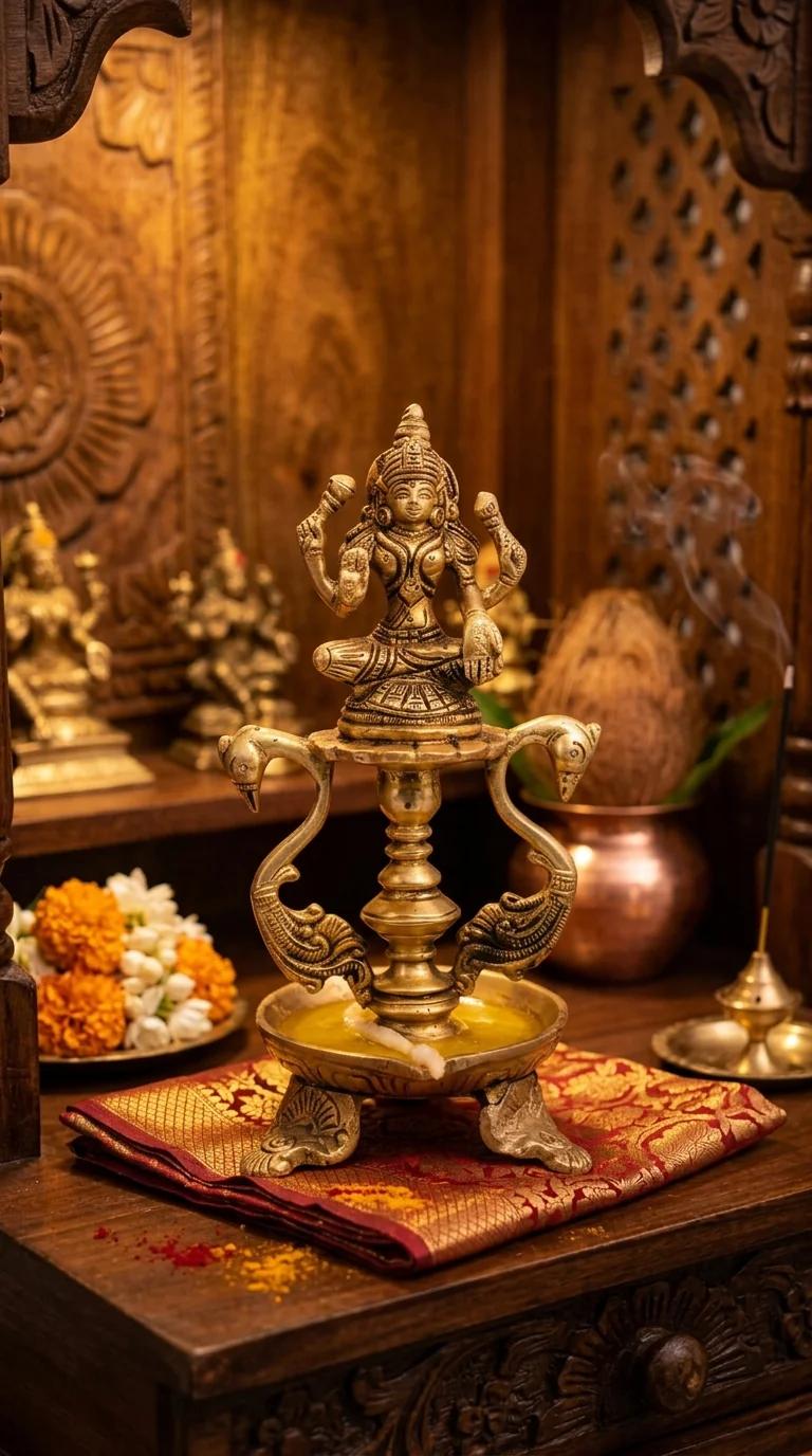 Value Gifts Decorative Brass Lakshmi Diya with Peacock Figurine for Pooja Room