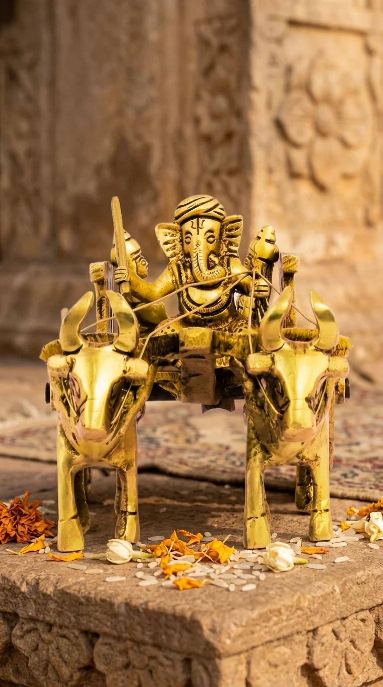 Value Gifts Traditional Brass Ganesh Lakshmi Saraswathi Cart Sculpture for Home