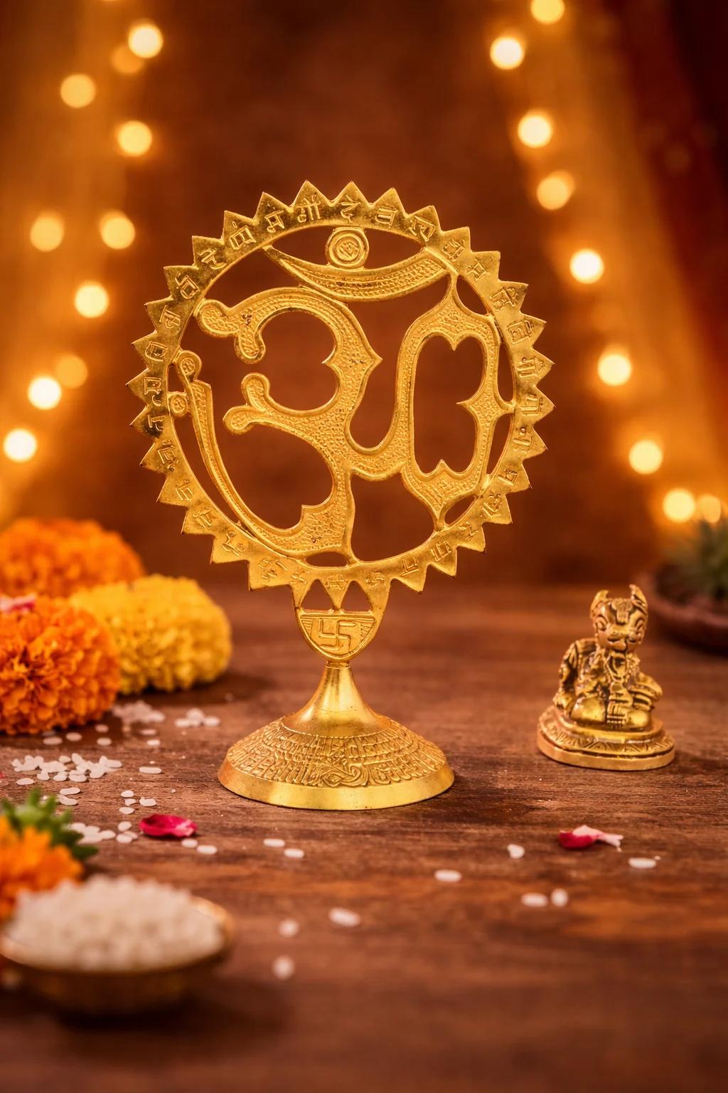 Value Gifts Decorative Brass Om Idol with Stand for Temple and Home