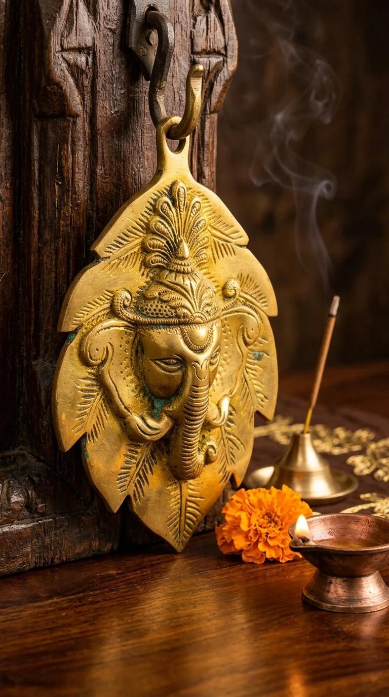 Value Gifts Traditional Brass Leaf Ganesha Wall Hanging for Temple and Home