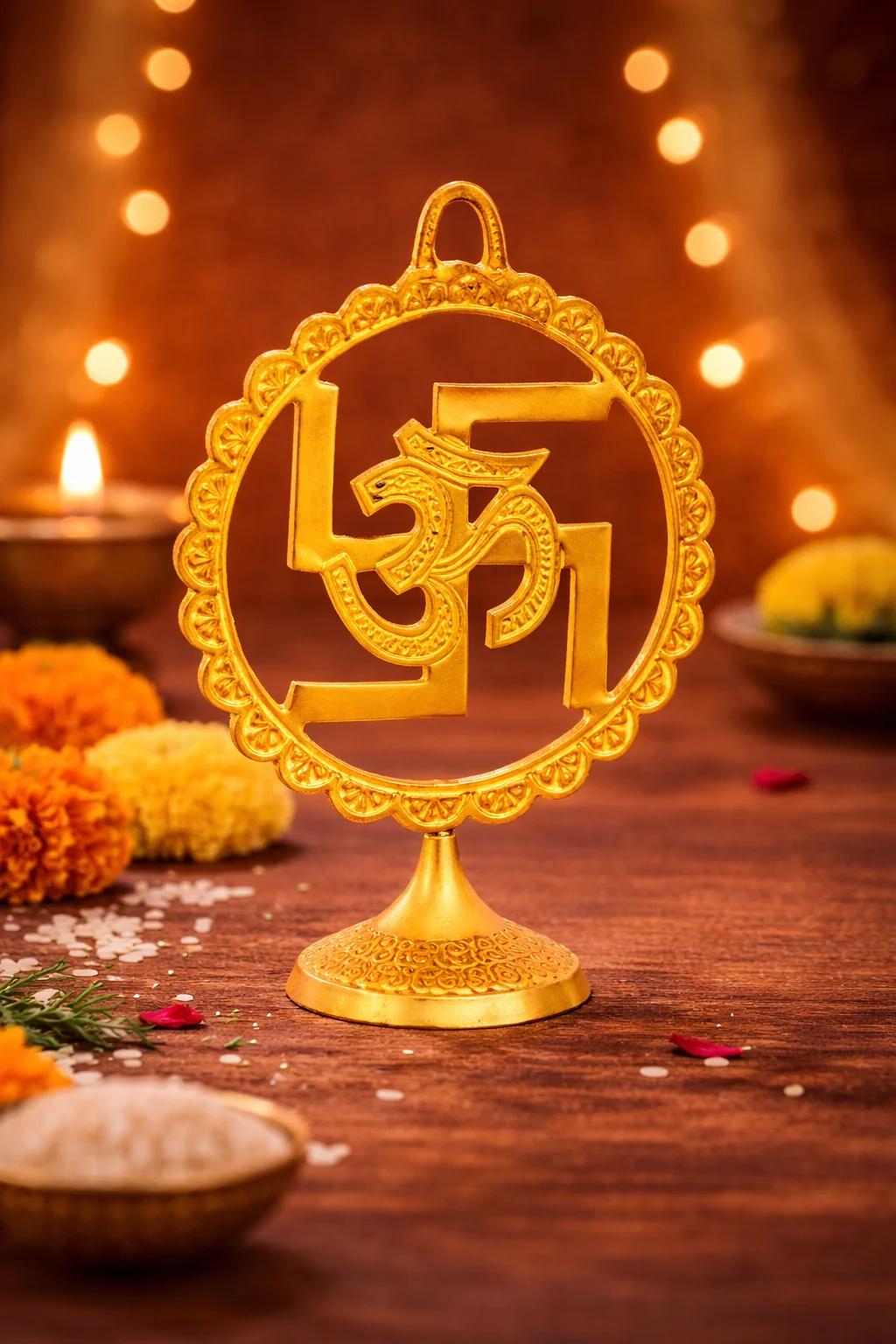 Value Gifts Decorative Brass Swastik Om Wall Hanging for Living Room and Temple