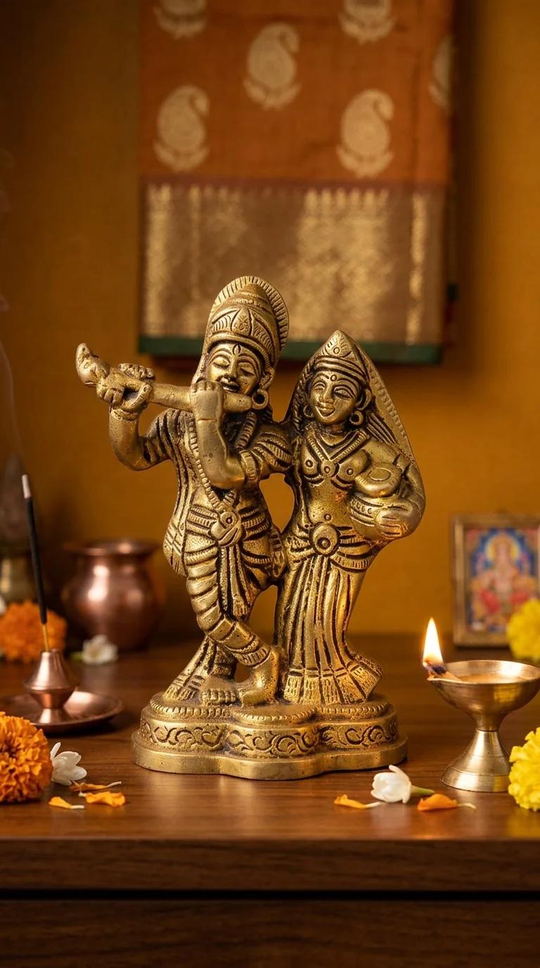 Value Gifts Decorative Brass Radha Krishna Figurine with Flute for Home and Temple