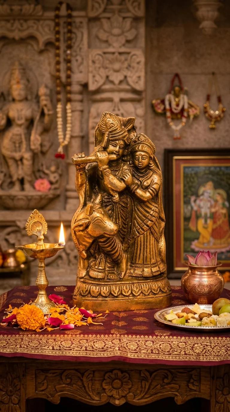 Value Gifts Brass Radha Krishna Cow Idol for Pooja and Home Decoration