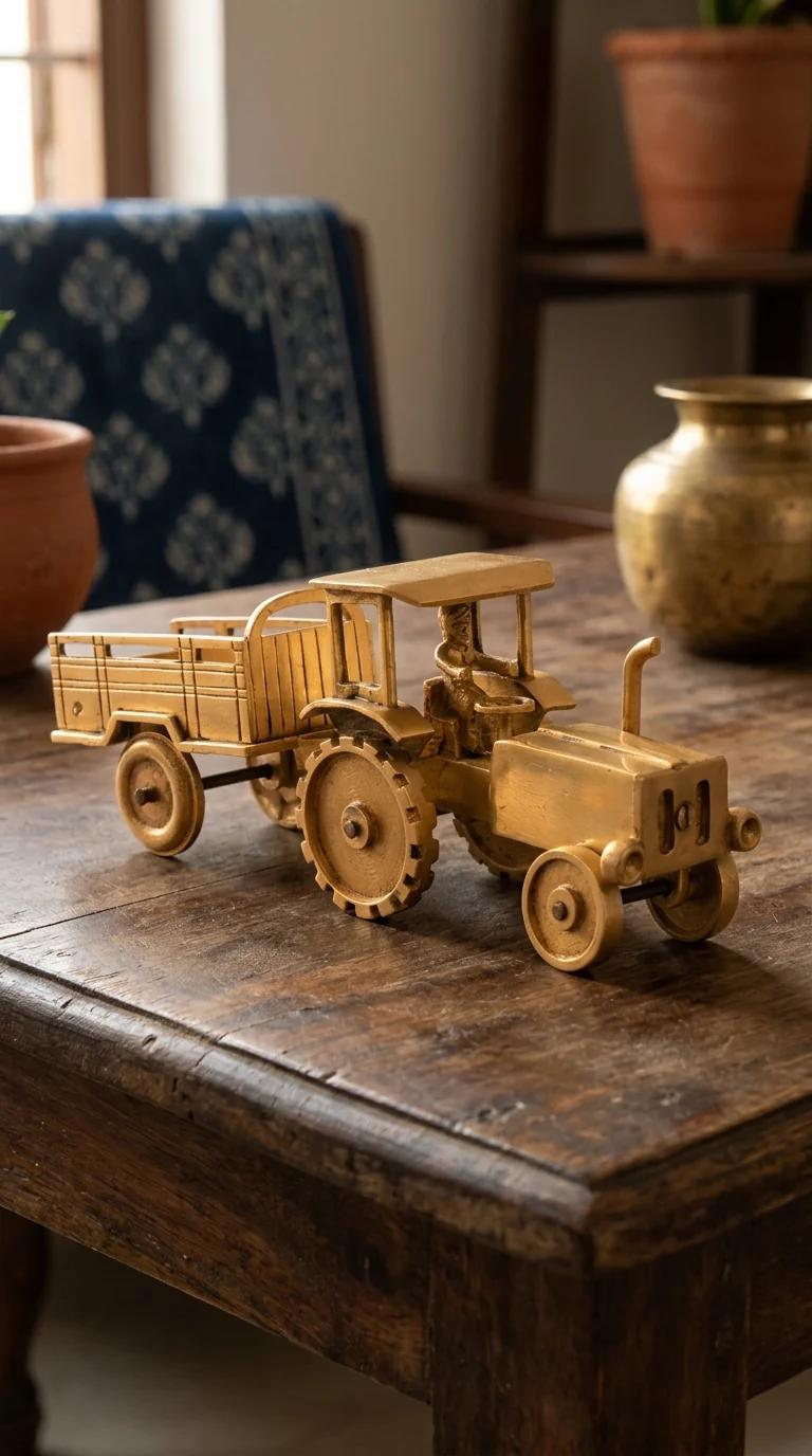 Value Gifts Traditional Brass Classic Tractor Figurine with Carrier for Home and Office
