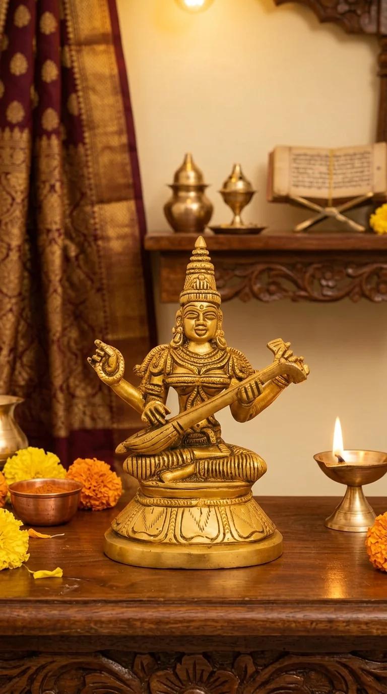 Value Gifts Handcrafted Brass Goddess Saraswati Figurine for Pooja Room and Desk