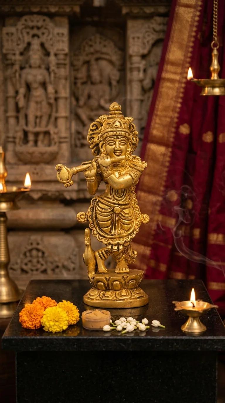 Value Gifts Brass Krishna Idol with Flute for Pooja Room, Table, and Shelf
