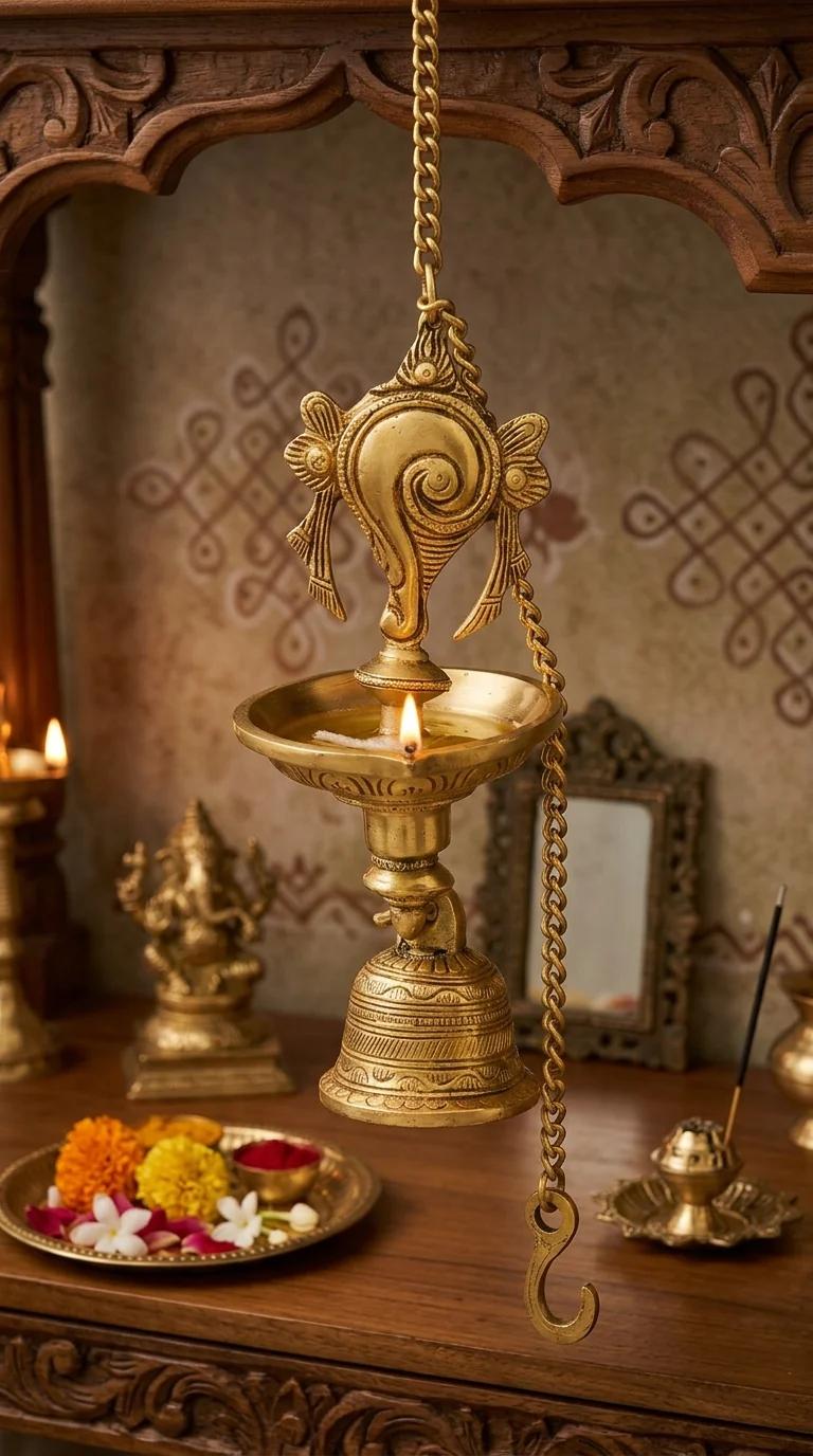 Value Gifts Brass Shanku Chakra Hanging Diya with Bells for Living Room and Pooja
