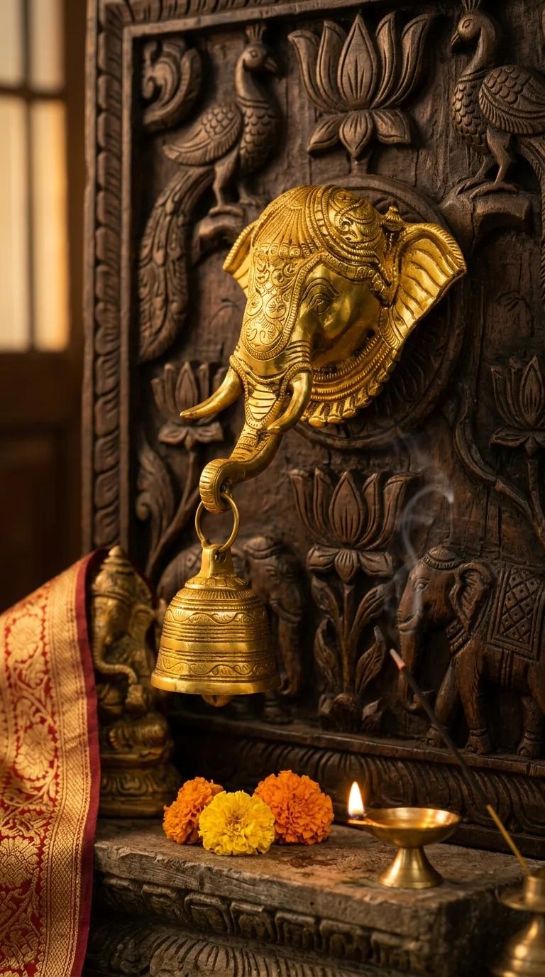 Value Gifts Brass Ganesha Face Hanging with Bell for Entrance, Wall, and Pooja Room