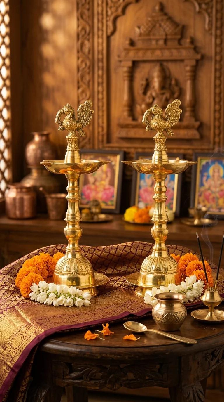 Value Gifts Brass Peacock Oil Lamp Set for Home, Temple, and Tabletop Decor