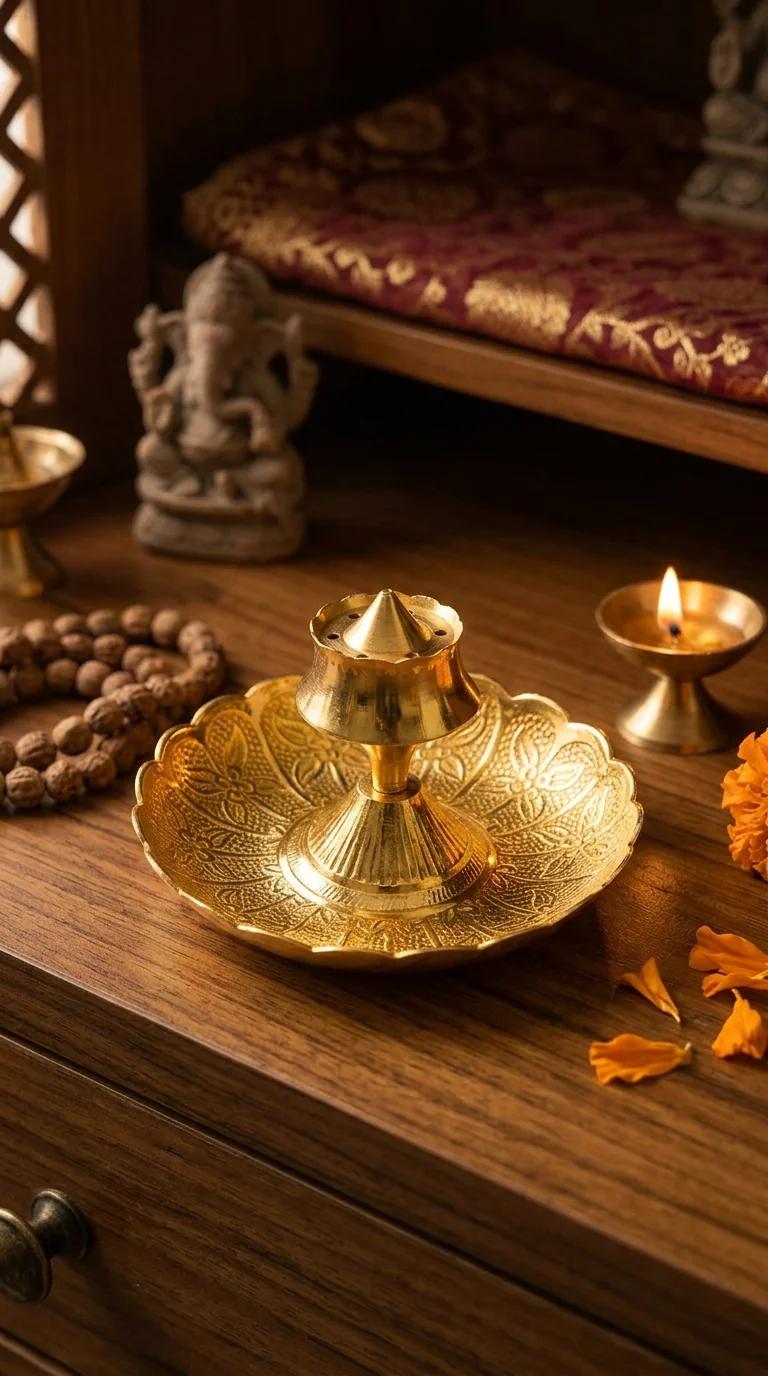 Value Gifts Brass Incense Stand with Center Dhoop Holder for Spiritual Home Decoration