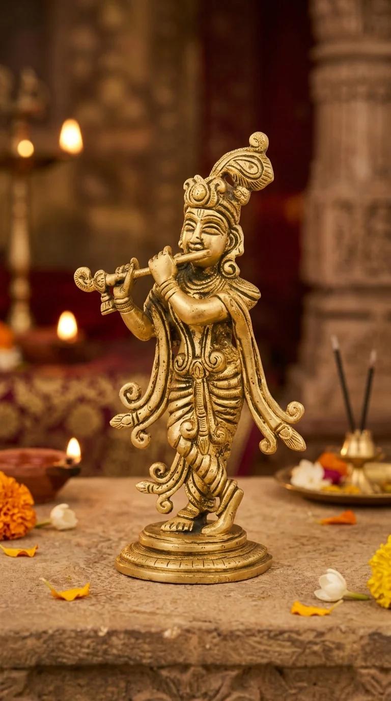 Value Gifts Traditional Brass Krishna Figurine for Spiritual Home Decoration