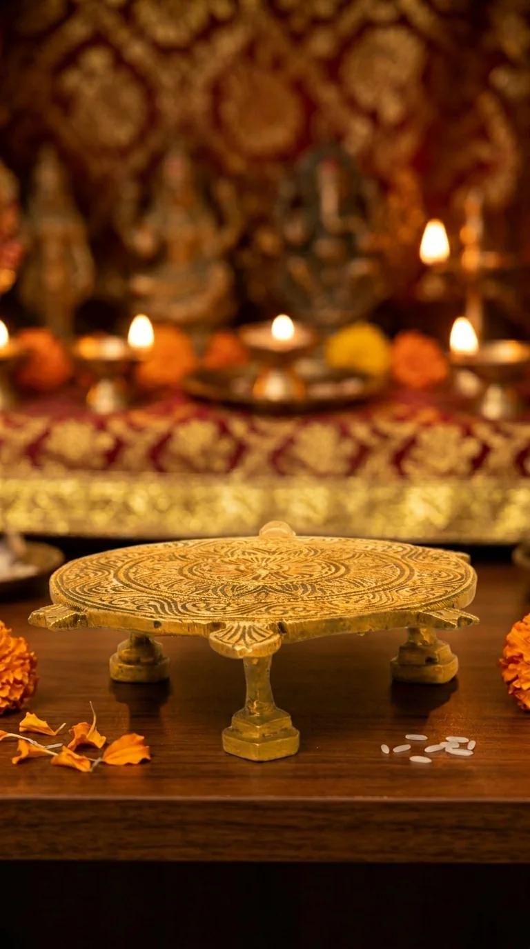 Value Gifts Traditional Brass Carved Turtle Chowki for Spiritual Home Decoration