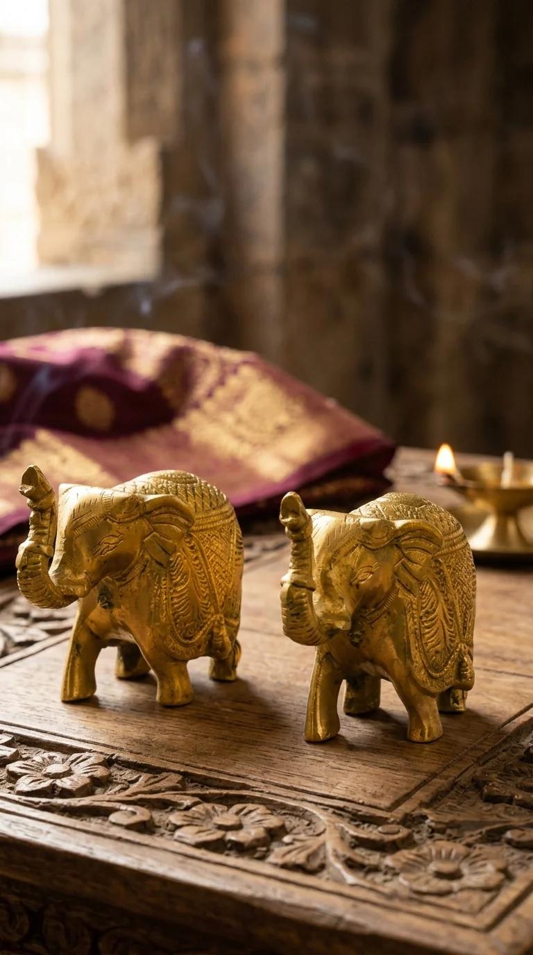 Value Gifts Brass Elephant Statue Set for Spiritual Home and Pooja Room Decor