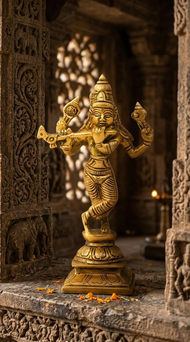 Value Gifts Brass Krishna Statue with Flute for Tabletop and Spiritual Home Decor