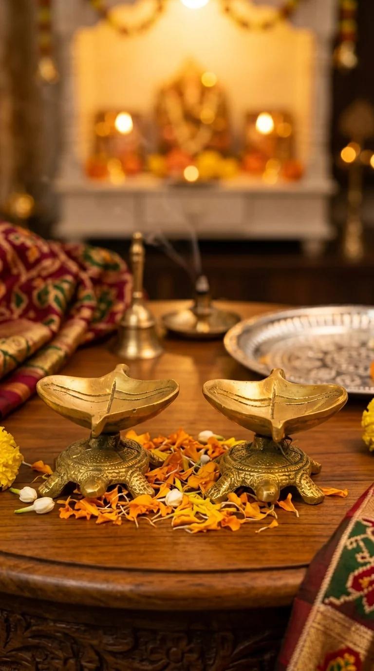 Value Gifts Brass Tortoise Leaf Diyas Set of 2 for Pooja Room and Living Room Decor