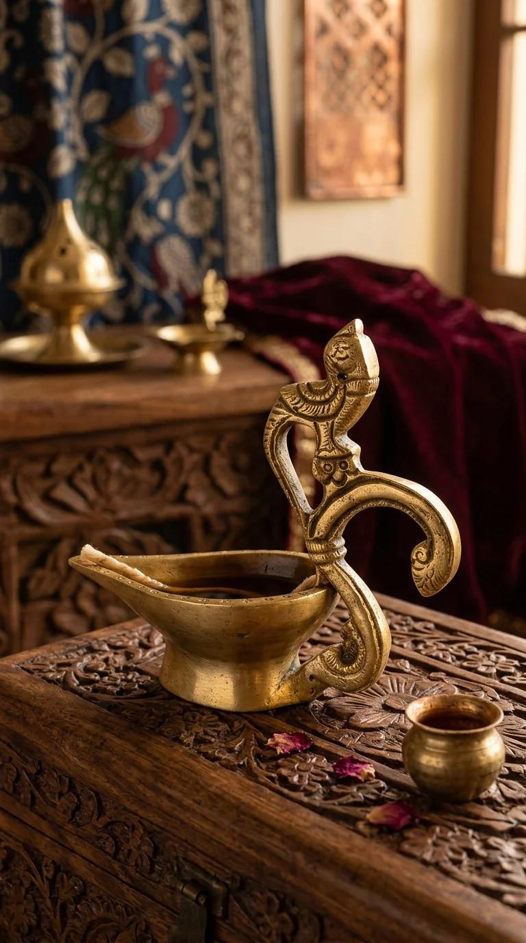Value Gifts Brass Peacock Handle Diya for Center Table and Spiritual Home Decor