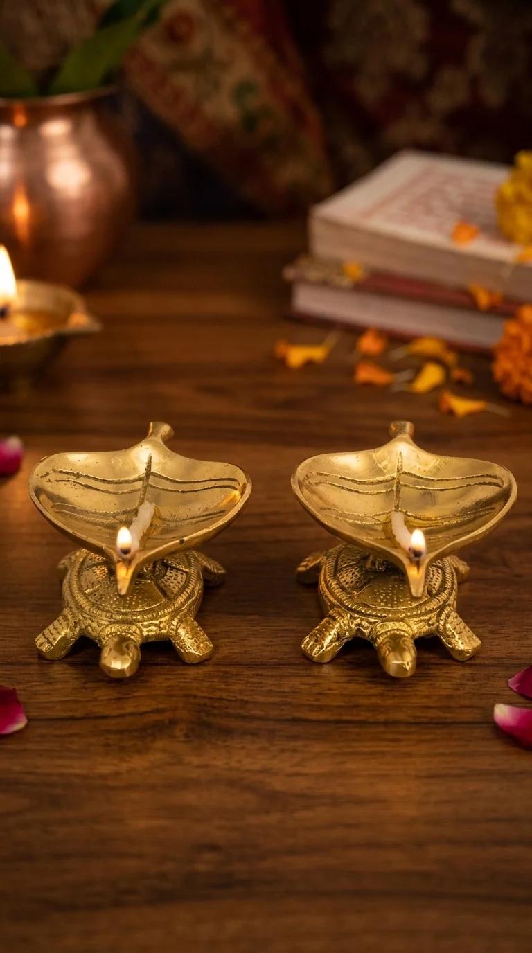 MH Decors Brass Tortoise Leaf Diyas Set of 2 for Temple and Tabletop Display