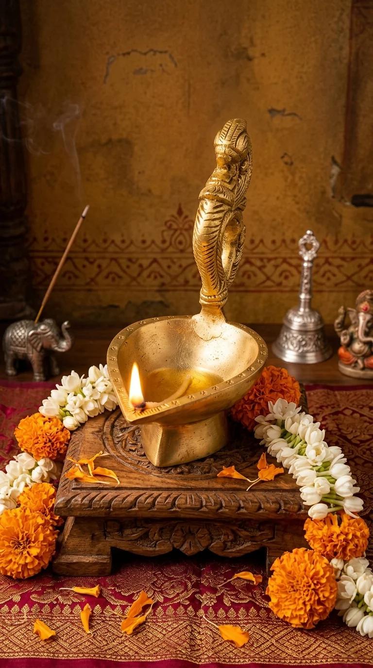 MH Decors Elegant Brass Peacock Handle Oil Lamp for Home Pooja and Temple Decor