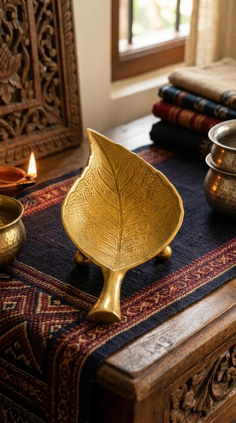 MH Decors Decorative Brass Gold Leaf Tray for Living Room and Temple Display