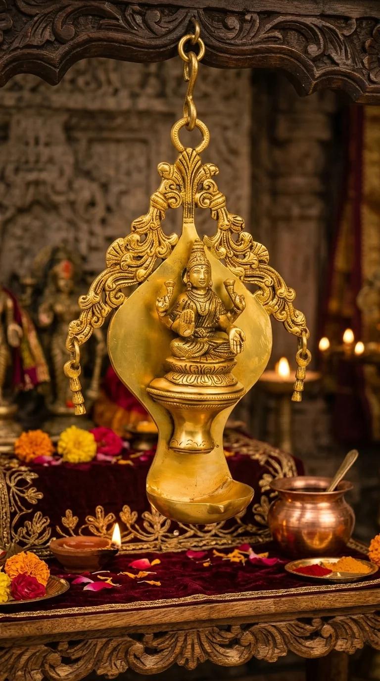MH Decors Elegant Brass Goddess Lakshmi Hanging Diya for Home Altar and Temple