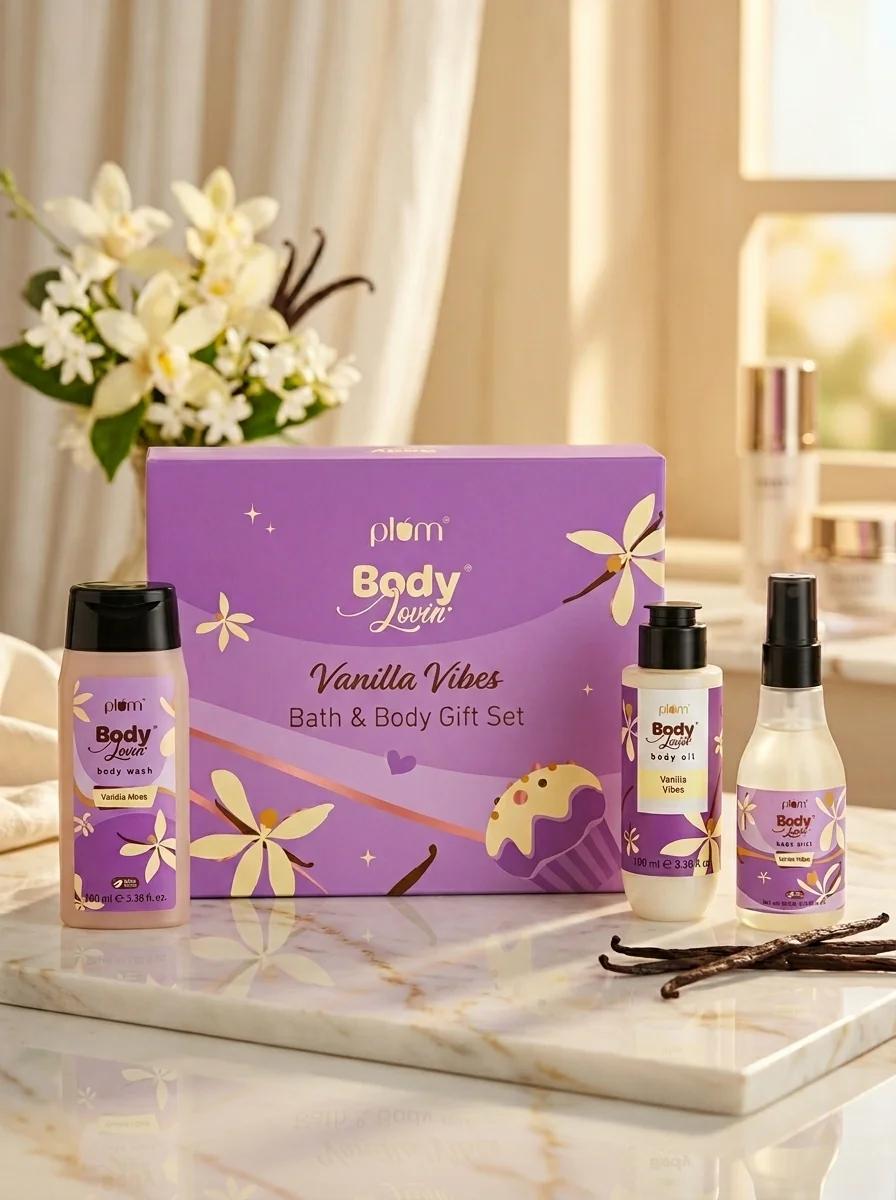 Plum BodyLovin Vanilla Vibes Bath and Body Gift Set Long Lasting Fragrance Gift for Valentines Birthday Anniversary and Special Occasions